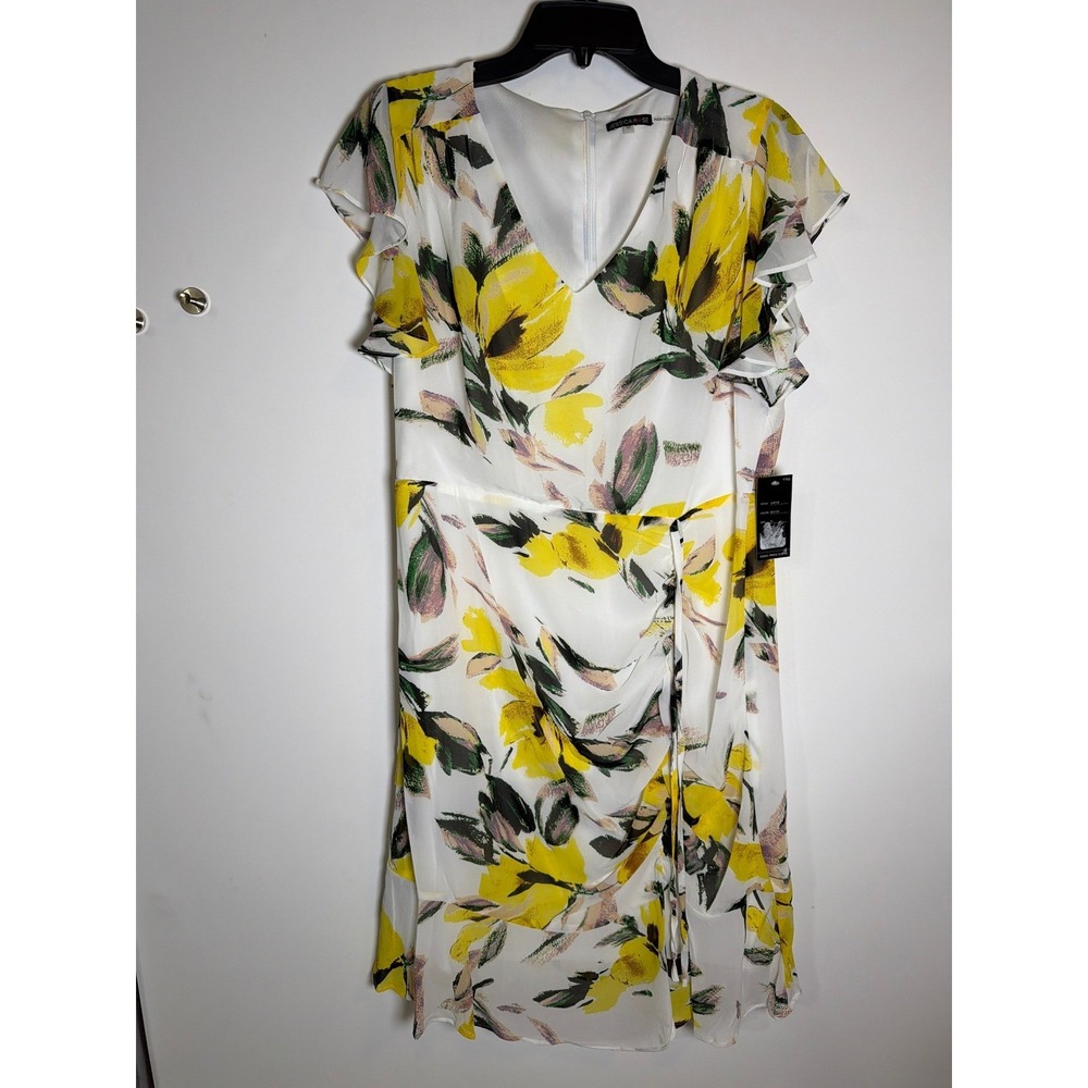 Jessica Rose Yellow Floral V-Neck Ruffle Sleeve Midi Dress  Womens 10 NEW